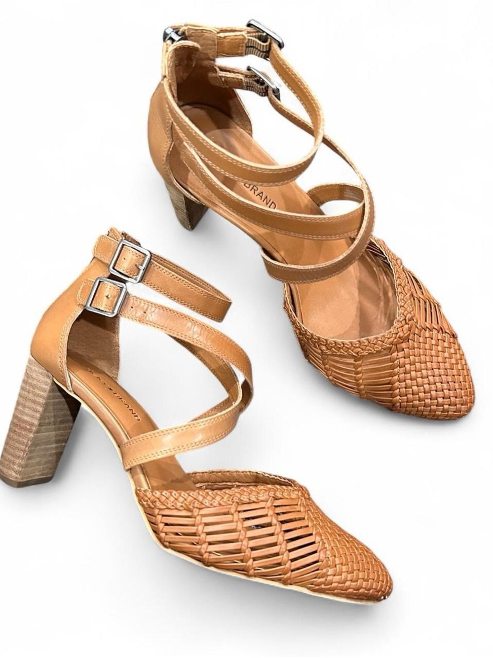 Lucky Brand Woven Tan Pointed-Toe Ankle-Strap Heels